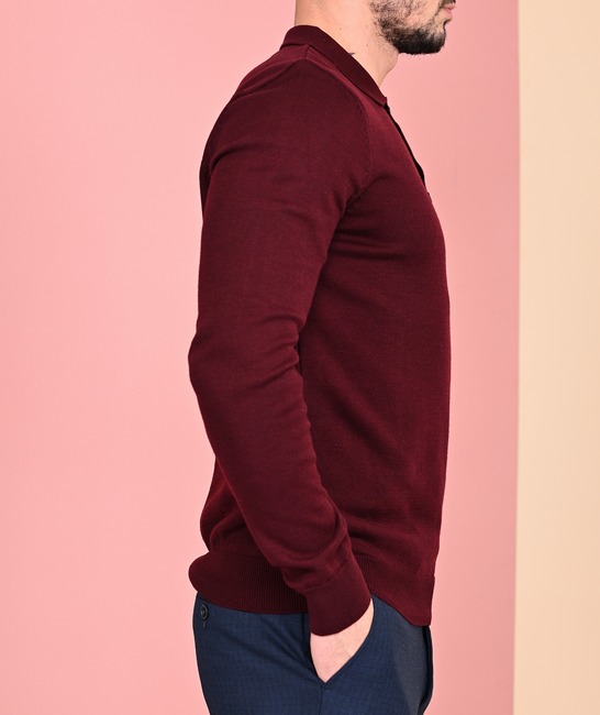 Мъжки плетен пуловер с три копчета цвят бордо