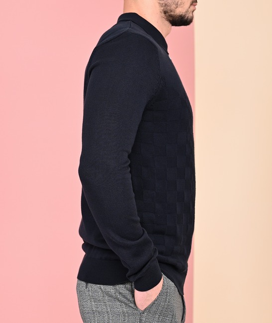 Мъжки плетен тъмно син пуловер с цип на квадрати