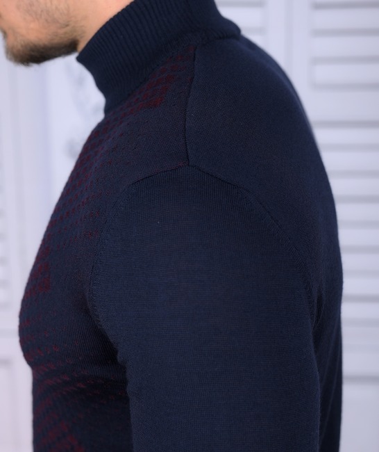 Елегантен мъжки вълнен син пуловер с бордо акценти