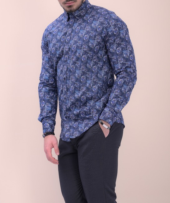 Официална синя мъжка риза с дигитален цветен принт