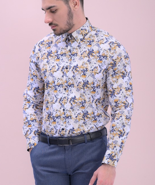 Мъжка риза на сини и жълти цветя