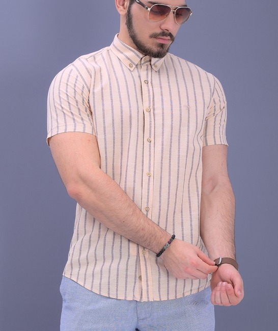 Мъжка ленена риза в бежово на кафяви райета