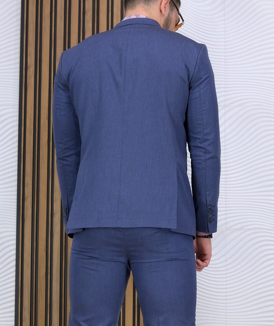 Премиум мъжки структурен син костюм Regular Fit