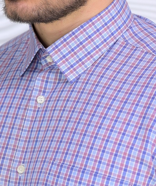 Карирана мъжка риза с джоб в синьо и бордо